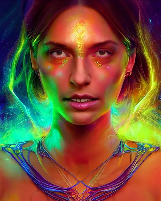 Image similar to a powerful energy psychedelic woman, by alexander fedosav, hyper detailed digital matte painting, concept art, hyperrealism, 1 6 k resolution, cinema 4 d, 8 k resolution, trending on artstation, behance hd, a masterpiece, by stephan martiniere, particles, cel - shaded, power bright neon energy, by david a. hardy,