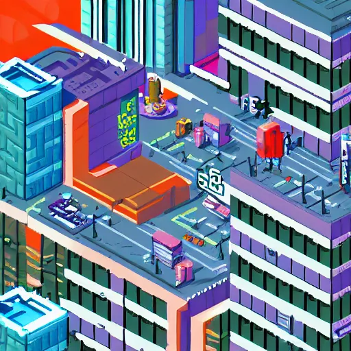 Prompt: pixelart illustration of an isometric cyberpunk city