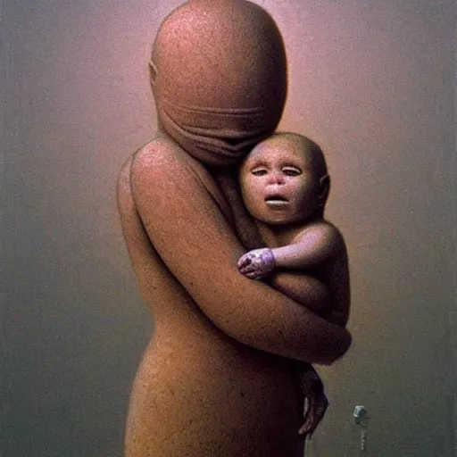 Prompt: oversized baby infant holding human in hand, beksinski intricate art