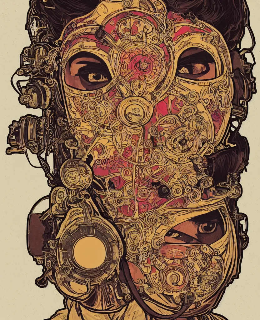 Image similar to face portrait of a kathakali dancer with traditional facepaint wearing madmax style steampunk goggles, art by alphonse mucha, sticker, one head isolated on white background, one single head, closeup portrait, colorful, illustration, highly detailed, smooth and clean vector curves, no jagged lines, vector art, marvel comics style, artstation, smooth