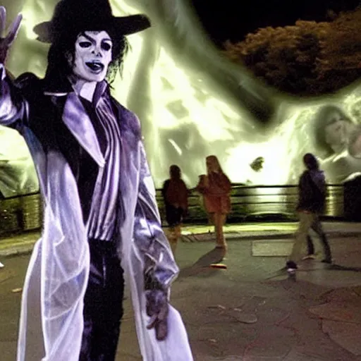 Image similar to the ghost of michael jackson haunting an amusement park, horror scene, hyper realistic