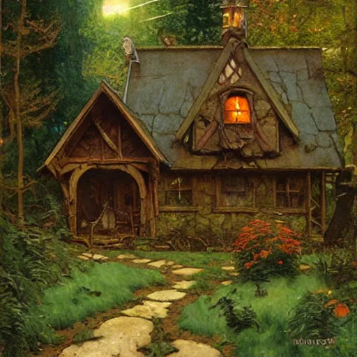 Prompt: witch cottage in the forest, art by norman rockwell and donato giancola and greg rutkowski