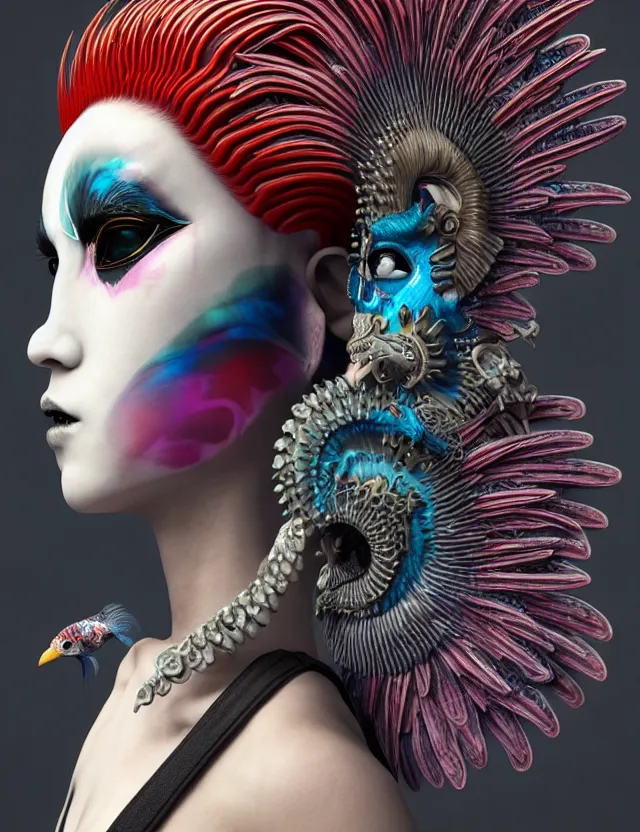 Image similar to 3 d goddess close - up profile portrait punk with mohawk with ram skull. beautiful intricately detailed japanese crow kitsune mask and clasical japanese kimono. betta fish, jellyfish phoenix, bio luminescent, plasma, ice, water, wind, creature, artwork by tooth wu and wlop and beeple and greg rutkowski