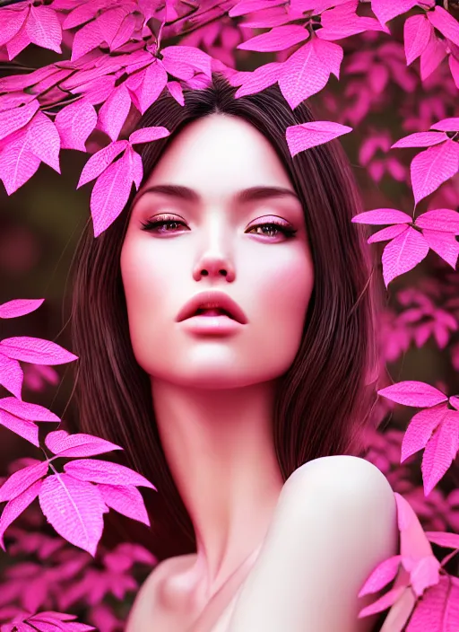Image similar to photo of a gorgeous female in the style of stefan kostic, realistic, half body shot, sharp focus, 8 k high definition, insanely detailed, intricate, elegant, art by stanley lau and artgerm, extreme bokeh light pink foliage