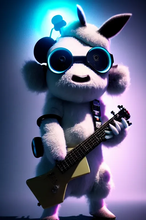 Image similar to high quality 3 d render very cute fluffy! cyborg cow plays guitar, cyberpunk highly detailed, unreal engine cinematic smooth, in the style of blade runner & detective pikachu, hannah yata charlie immer, moody light, low angle, uhd 8 k, sharp focus