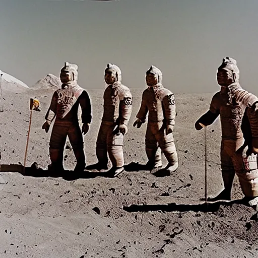 Prompt: full - color 1 9 7 2 photo of dozens of terra - cotta warriors being excavated on the moon by archaeologists wearing space - suits at a dig - site. high - quality professional journalistic photography from time magazine.