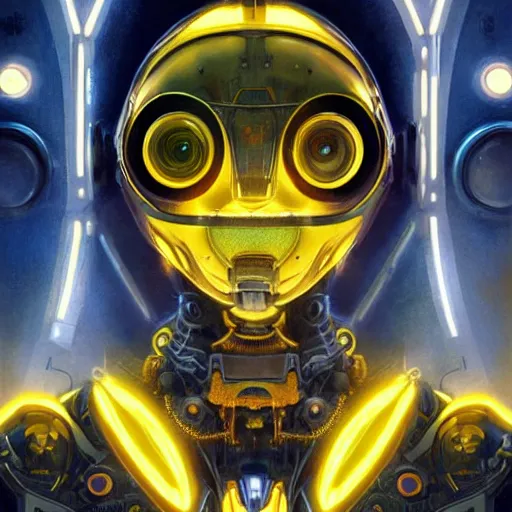 Prompt: symmetrical portrait of a robot with big eyes, grinning, sci - fi, tech wear, blue and yellow glowing lights, intricate, elegant, highly detailed, digital painting, artstation, smooth, sharp focus, illustration, art by artgerm and greg rutkowski and alphonse mucha
