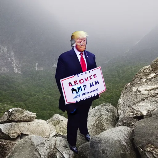 Image similar to donald trump, on top of mountain, rainy day