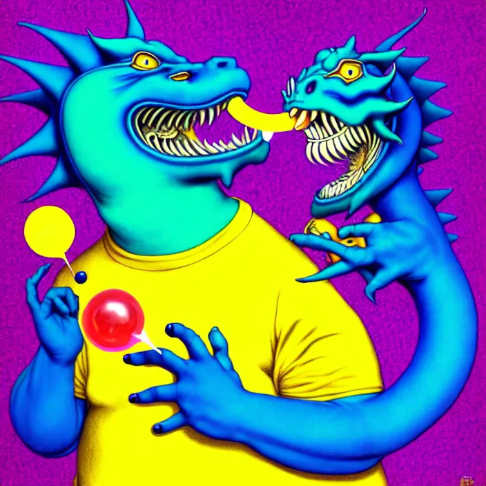 Prompt: a chubby anthropomorphic male blue dragon wearing a yellow t - shirt blowing a bubble, by alex grey, intricate details, artstation, cute, furry, psychedelic, hd, beautiful