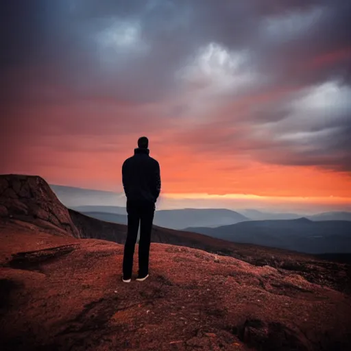 Prompt: A man stands on a mountaintop, looking into the horizon, magical, impressive, infinity, sunset light, Atmospheric phenomenon, artistic photography, muted colors, conceptual