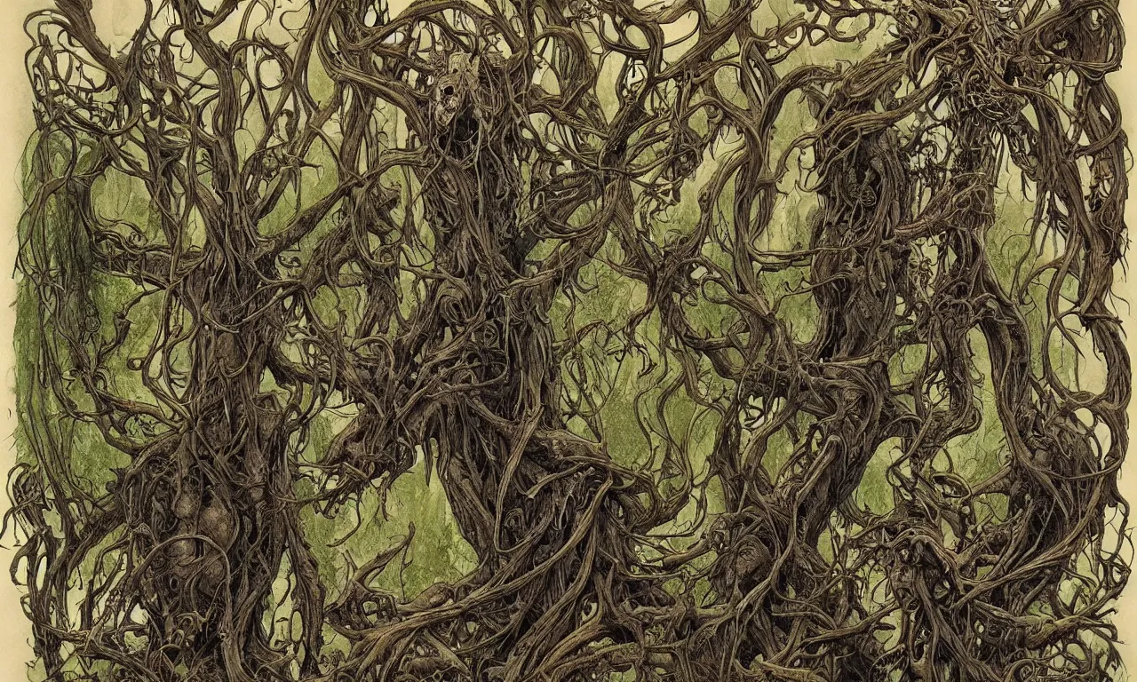 Image similar to hyperdetailed art nouveau portrait of treebeard and old groot as a cthulhu eyeball moose skull wendigo swamp thing creatures, by michael kaluta, pushead and bill sienkiewicz, photorealism, claws, skeleton, antlers, fangs, forest, wild, bizarre, scary, lynn varley, lovern kindzierski, steve oliff