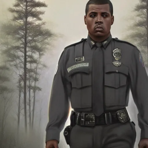 Image similar to kim kardashian as a cop wearing a police uniform, full body portrait, emotion scared, night time forest with a ufo sitting in the fog, pretty, aesthetic, dust molecules, matte detailed photo, DeviantArt, Artstation, by donato giancola, ralph horley, loish, ufo lighting