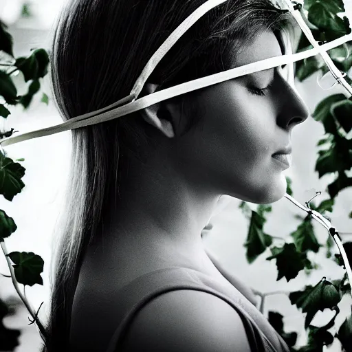 Image similar to “side profile of young woman blindfolded by vines”