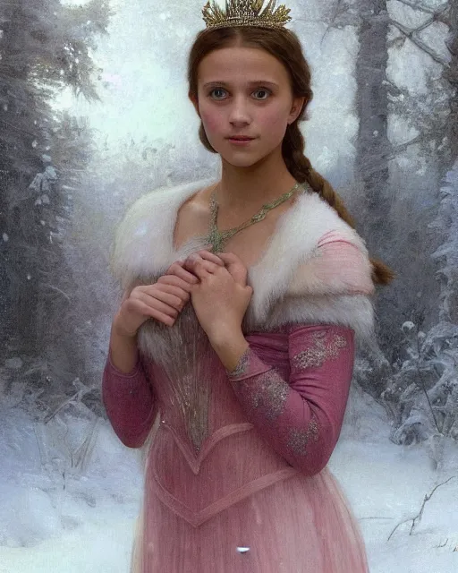 Image similar to a portrait painting of a shy, blushing 1 6 - year old alicia vikander or millie bobby brown as elsa, a princess of the ice and snow, in a snowy setting at night, intricate, elegant, highly detailed, artstation, concept art, by krenz cushart and donato giancola and william adolph bouguereau and alphonse mucha