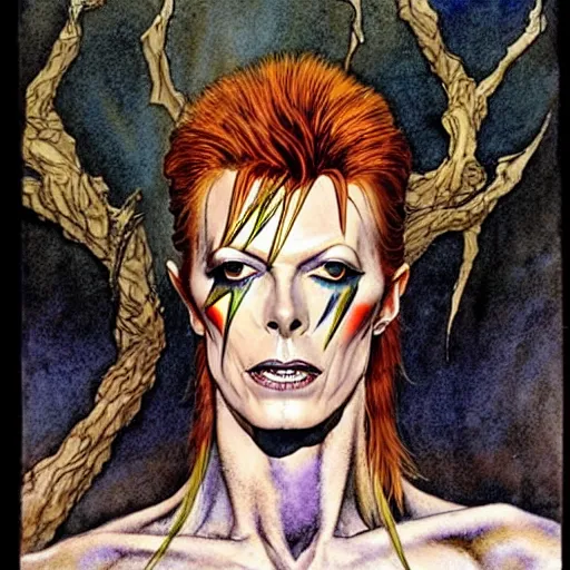 Image similar to a realistic and atmospheric watercolour fantasy character concept art portrait of david bowie as a druidic warrior wizard looking at the camera with an intelligent gaze by rebecca guay, michael kaluta, charles vess and jean moebius giraud