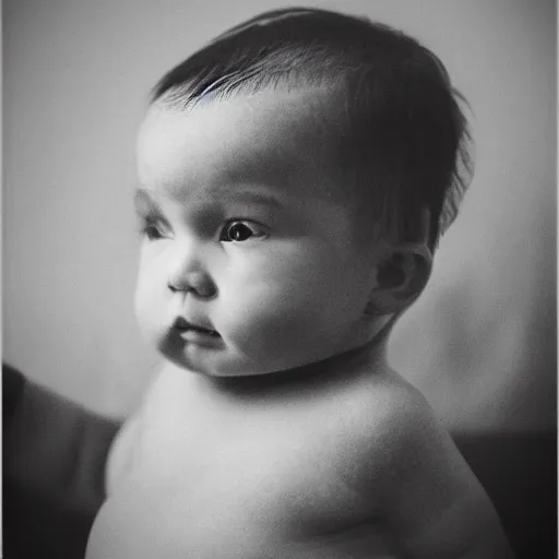 Prompt: gigachad as a baby, portrait, b&w, dramatic lighting