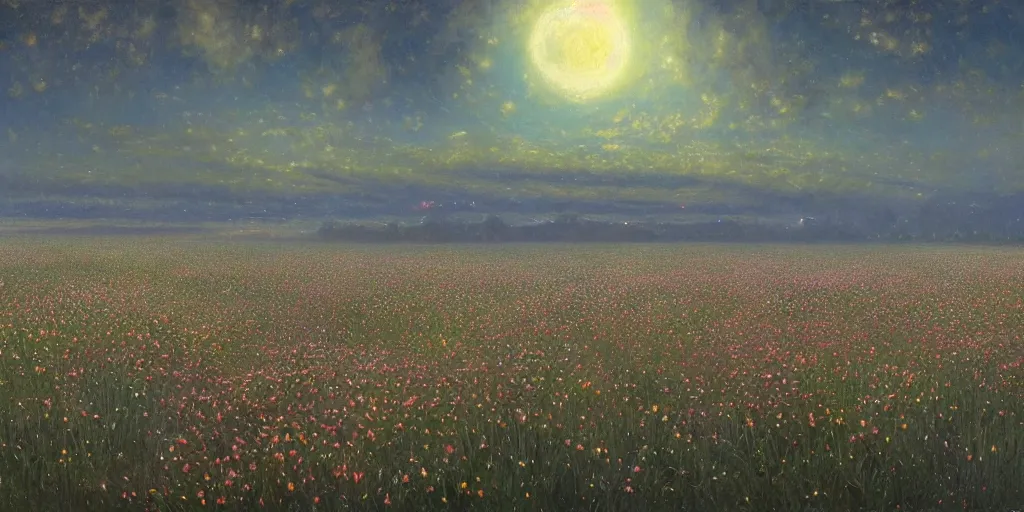 Prompt: field of flowers at night, lit by moonlight, landscape art by donato giancola and greg rutkowski, vintage retro, digital art, trending on artstation, symmetry!!, volumetric lighting