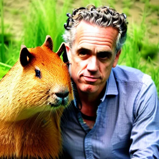 Prompt: Jordan Peterson on a capybara ranch with a cat on his shoulder