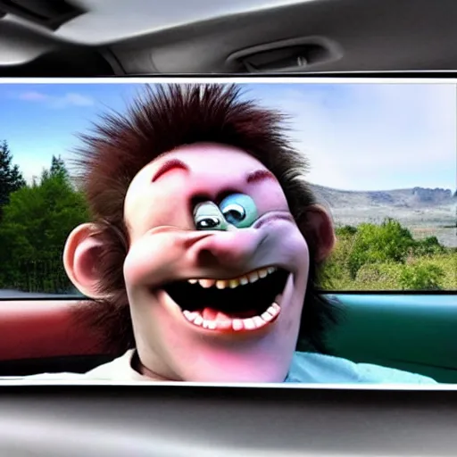 Image similar to trollface is driving a car realistic photo