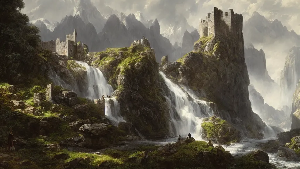 Prompt: elven stone castle above the great alpine waterfall. andreas achenbach, artgerm, mikko lagerstedt, zack snyder, tokujin yoshioka