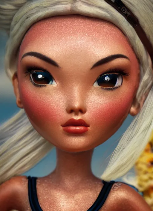 Image similar to closeup profile portrait of tin toy bikini girl beach, depth of field, zeiss lens, detailed, symmetrical, centered, fashion photoshoot, by nicoletta ceccoli, mark ryden, lostfish, breathtaking, 8 k resolution, extremely detailed, beautiful, establishing shot, artistic, hyperrealistic, octane render