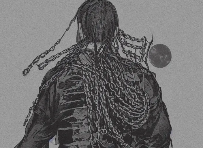 Image similar to A PORTRAIT FROM BEHIND OF A SAMURAI MAN VAGABOND WITH A MOON BEHIND HIM ,THE SAMURAI IS WRAPPED IN CHAINS, manga,detailed, studio lighting, gradation,editorial illustration, matte print, concept art, ink style tattoo sketch digital 2D