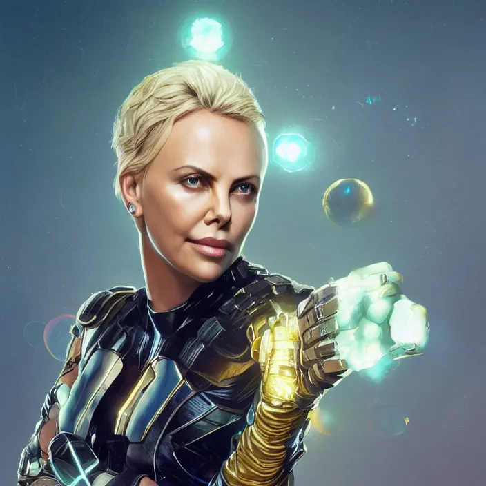 Image similar to portrait of Charlize Theron, wearing The Infinity Gauntlet. intricate artwork. by Tooth Wu, wlop, beeple, dan mumford. octane render, trending on artstation, greg rutkowski very coherent symmetrical artwork. cinematic, hyper realism, high detail, octane render, 8k, iridescent accents