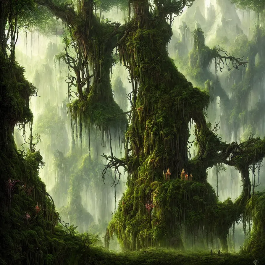 Image similar to fairy palace, castle towers, gnarly trees, lush vegetation, forest landscape, painted by tom bagshaw, raphael lacoste, eddie mendoza, alex ross concept art matte painting