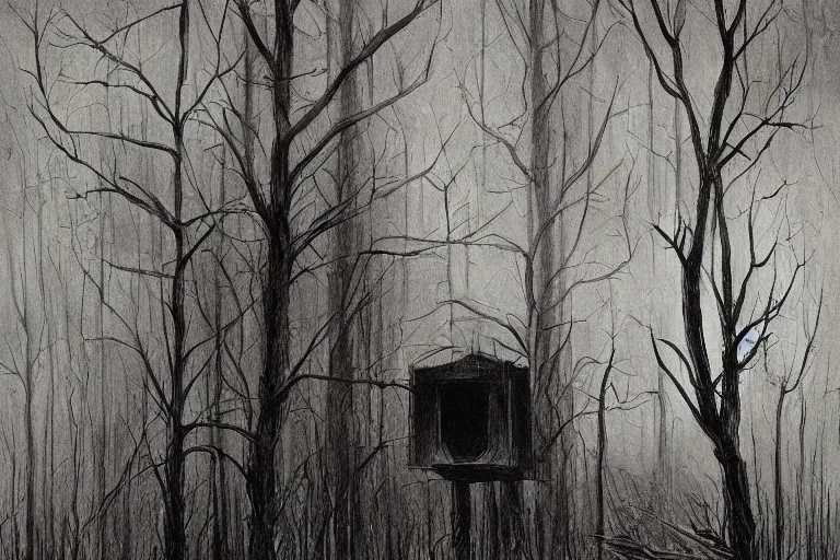 Image similar to mad horror painting of a cabine in the woods by ben templesmith