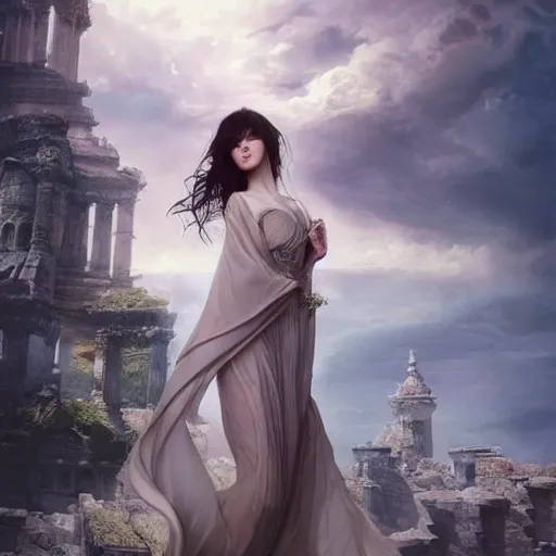 Image similar to a beautiful sorceress floating on air with elegant looks, flowing robe, ornate and flowing, intricate and soft by miho hirano, ruan jia, tom bagshaw,, wlop, beautiful roman architectural ruins in the background, epic sky, half body shot, vray render, artstation, deviantart, pinterest, 5 0 0 px models