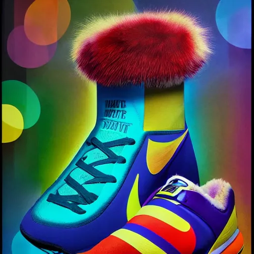 Image similar to poster nike shoe made of very fluffy colorful faux fur placed on reflective surface, professional advertising, overhead lighting, heavy detail, realistic by nate vanhook, mark miner