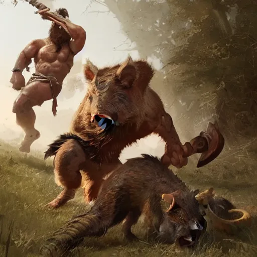 Image similar to barbarian fist fight wild boar, 8 k, trending on by tooth wu and greg rutkowski