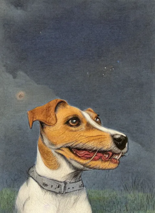 Prompt: candid portrait of jack russel dog sad mouth open, night sky, highly detailed, side view, illustrated by peggy fortnum and beatrix potter and sir john tenniel