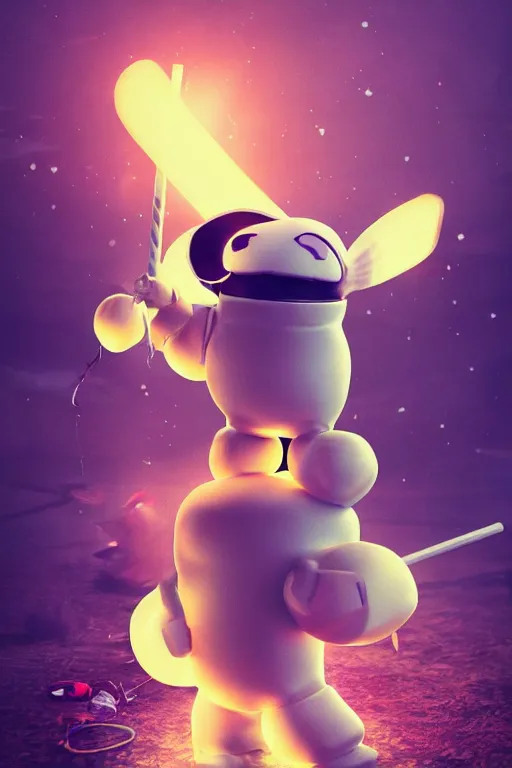 Image similar to Marshmallow Astronaut with wings swinging katana, magical atmosphere, neon, cinematic shot, intricate, ornate, photorealistic, ultra detailed, realistic, 100mm, photography, octane, high definition, depth of field, bokeh, 8k, artstation