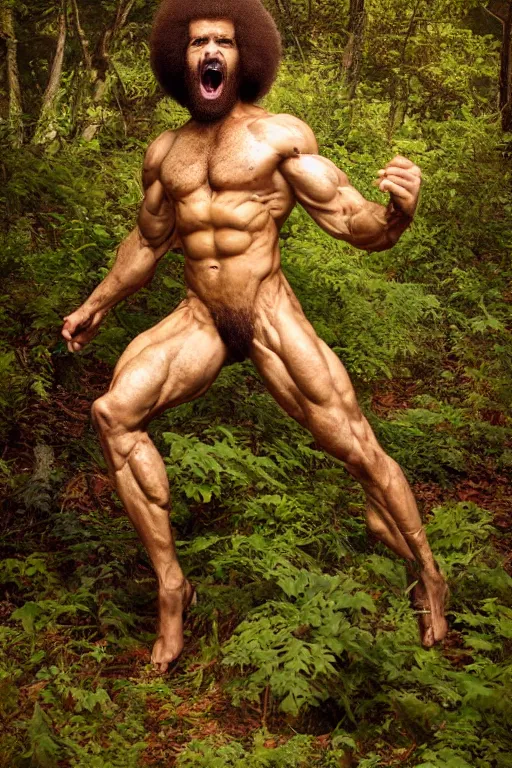 Prompt: portrait of a muscular bob ross screaming, chiseled features, beautiful flowing brown curly hair, mythological, god of nature, defined muscles, artsy photography, film photo, 4 k, model posing, deep tan skin, trending on artstation, fashion photography, yellow eyes, overgrown background, dryad, verdant forest