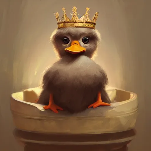 Image similar to A duck wearing a crown, snide expression on his face, sitting on a throne, digital art, artstation, Mandy Jurgens, CGSociety, WLOP