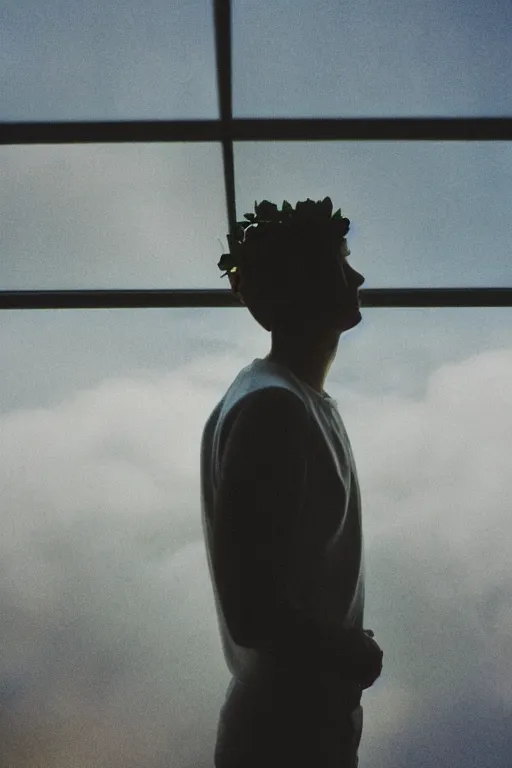 Image similar to kodak portra 1 6 0 photograph of a skinny guy standing in a spaceship, flower crown, back view, view of earth from window, moody lighting, moody vibe, telephoto, 9 0 s vibe, blurry background, tranquil, calm, faded!,