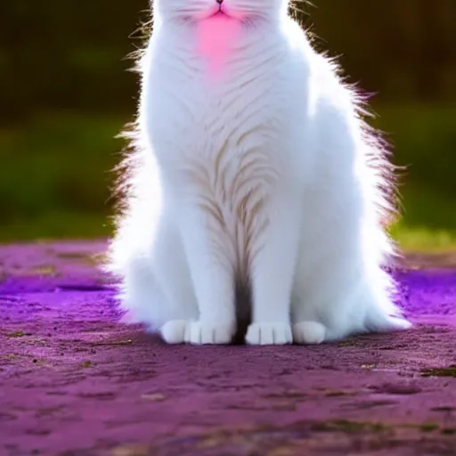 Image similar to a white fluffy cat sitting on a light purple cloud, pastel pink sky, beautiful lighting, magical