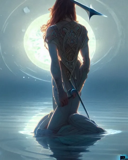 Prompt: excalibur in the middle of a lake under a giant full moon, rippling reflections, romantic, cinematic, intricate, elegant, highly detailed, artstation, concept art, smooth, sharp focus, art by artgerm and greg rutkowski and alphonse mucha, masterpiece.