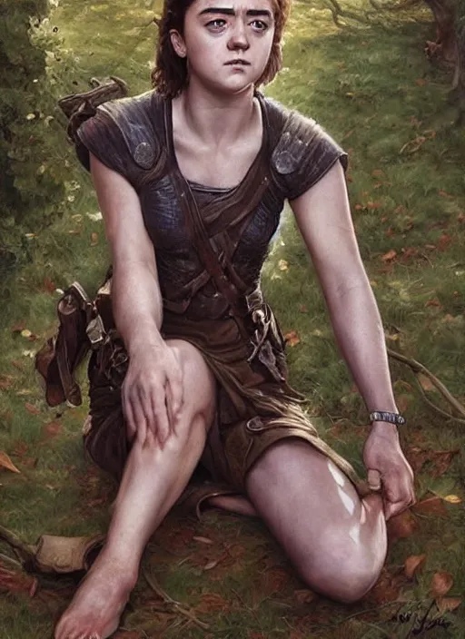 Image similar to tired Maisie Williams taking a rest under a tree after an long adventure a ruggedly muscled handsome heroine, intricate, elegant, highly detailed, centered, digital painting, artstation, concept art, smooth, sharp focus, illustration, artgerm, donato giancola, Joseph Christian Leyendecker, WLOP, Artgerm, thunder storm