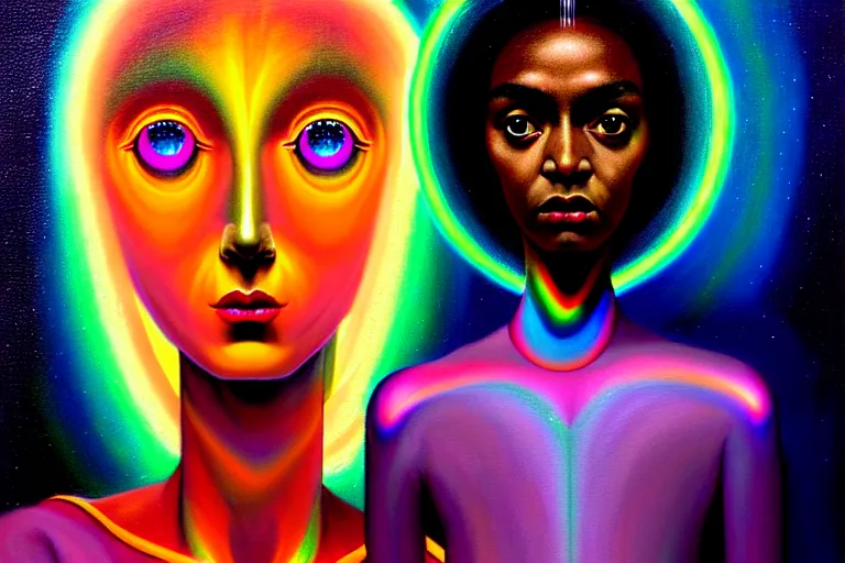 Image similar to patron saint of 🛸🌈👩🏾, futuristic iridescent clothing, wormhole, nebula, black hole, multiverse, neon god of city character portrait, in the style of margaret keane, moebius, tom bagshaw, and waterhouse, cinematic lighting, beautiful, elegant, oil painting,