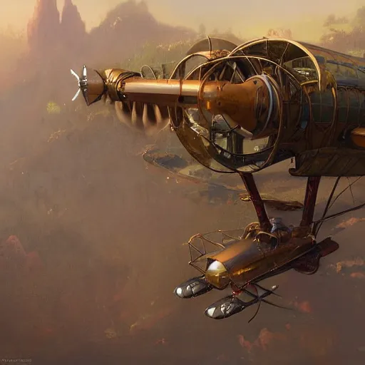 Image similar to a steam punk fantasy flying vehicle, matte painting, by thomas Cole, James Gurney, Craig mullins, RHADS, Trending on Artstation