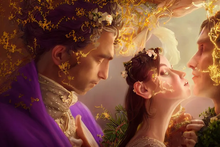 Image similar to a dreamlike cinematic portrait of wedding photograph close up moment of a divine a russia sun god and moon goddess lovers magician at a wedding banquet. portraiture. digital painting. artstation. concept art. fantasy wedding photo. digital painting, 8 k realistic, hyper detailed, violet evergarden art masterpiece by art by krenz cushart