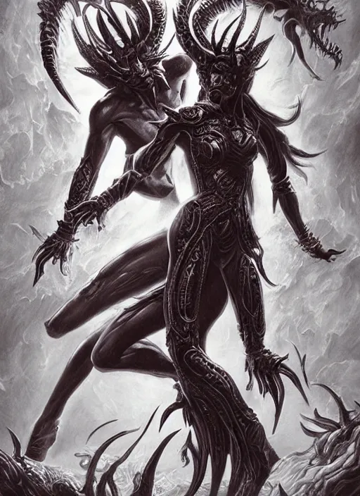 Prompt: two female demons dancing, queen of blades, diablo 4 lilith, line art, by artgerm, by yusuke murata, by hiroya oku, by dorian cleavenger, by zdzisław beksinski, trending on artstation