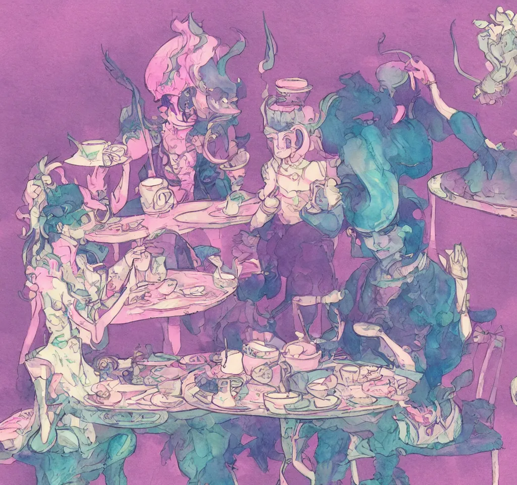 Image similar to soldier of chaos, mischief and beauty having tea alone at a table in a pastel fantasy land, surreal, glitched watercolor, chromatic abberation, trending on artstation, in the style of james jean feint, inspired by art nouveau