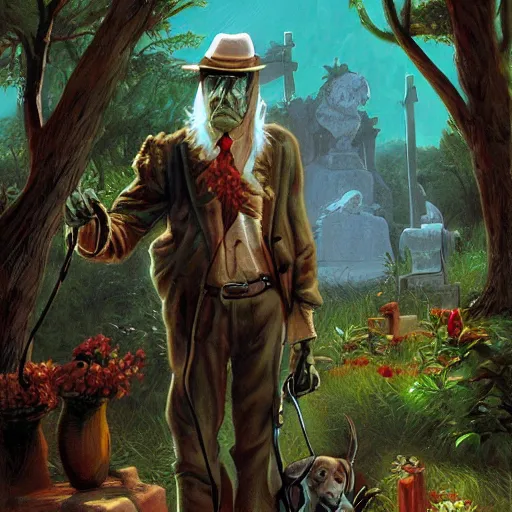 Prompt: pet cemetery, digital art, vintage pulp art, Darrell K Sweet, artstation