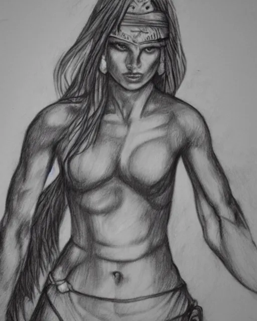 Image similar to A beautiful female warrior on a pirate ship at a deserted island, blended outline, realism pencil drawing on white paper, bald lines