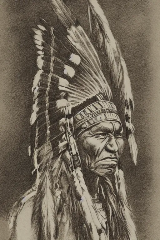 Prompt: sketch of Native American in headdress