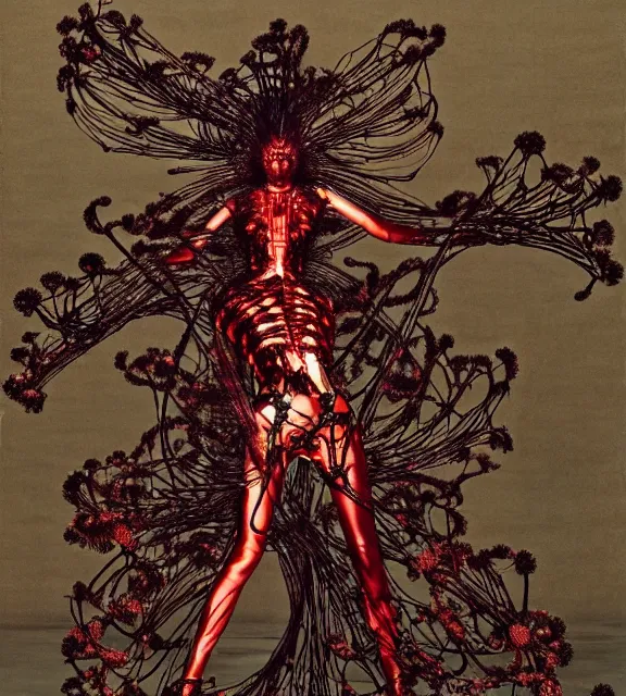 Image similar to still frame from Prometheus, harvest goddess cyborg in crimson filament mycelium, dressed by Neri Oxman and alexander mcqueen, metal couture haute couture editorial by utagawa kuniyoshi by giger
