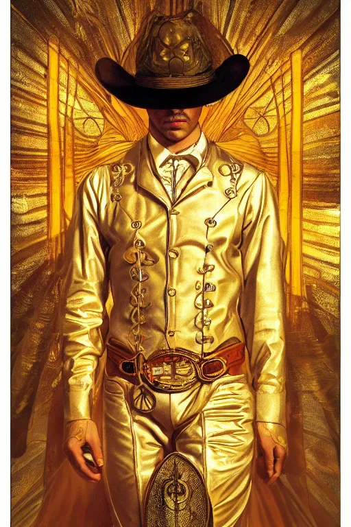 Prompt: a dramatic ethereal epic symmetrical painting of a handsome cowboy in a shimmering golden outfit | tarot card, art deco, art nouveau, (steampunk), homoerotic, realistic | by Dresden Codak, by Mark Maggiori and ((((Alphonse Mucha))) | trending on artstation